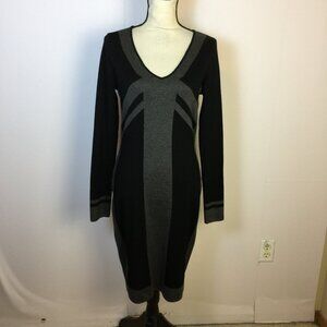 Max Studio Sweater Dress Size M Womans Black Gray Geometric V-neck Long Sleeve